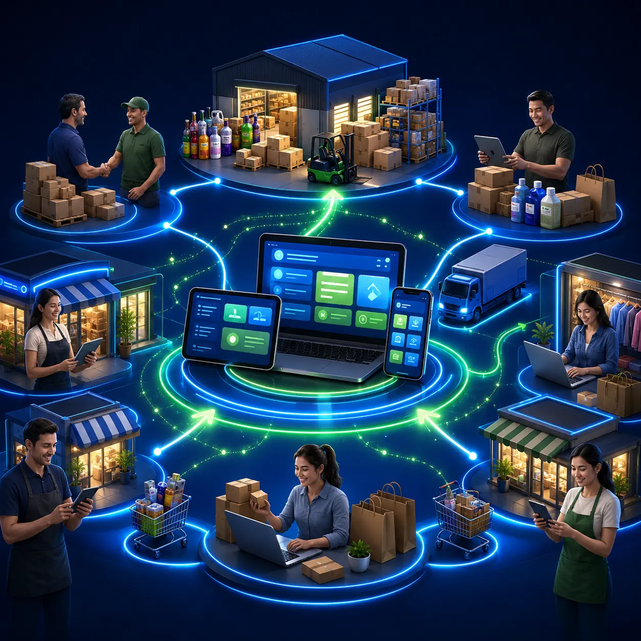 Ecosistema Win Manager conectando negocios mayoristas, minoristas y tiendas online